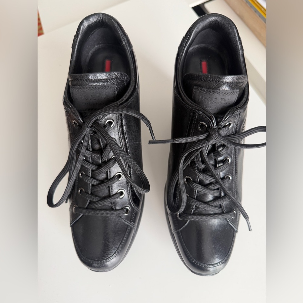 Authentic Prada Sport Milano Black Leather Logo Wedge Laceup Sneakers EU 38/US 8 - Picture 7 of 11